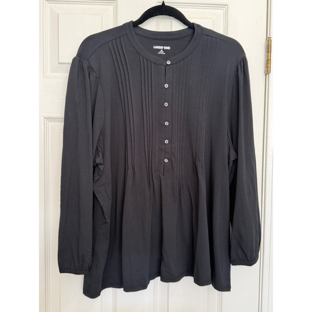 Lands End Womens 2X Black Pintuck Knit Top Long Sleeve Button Front Cotton Modal